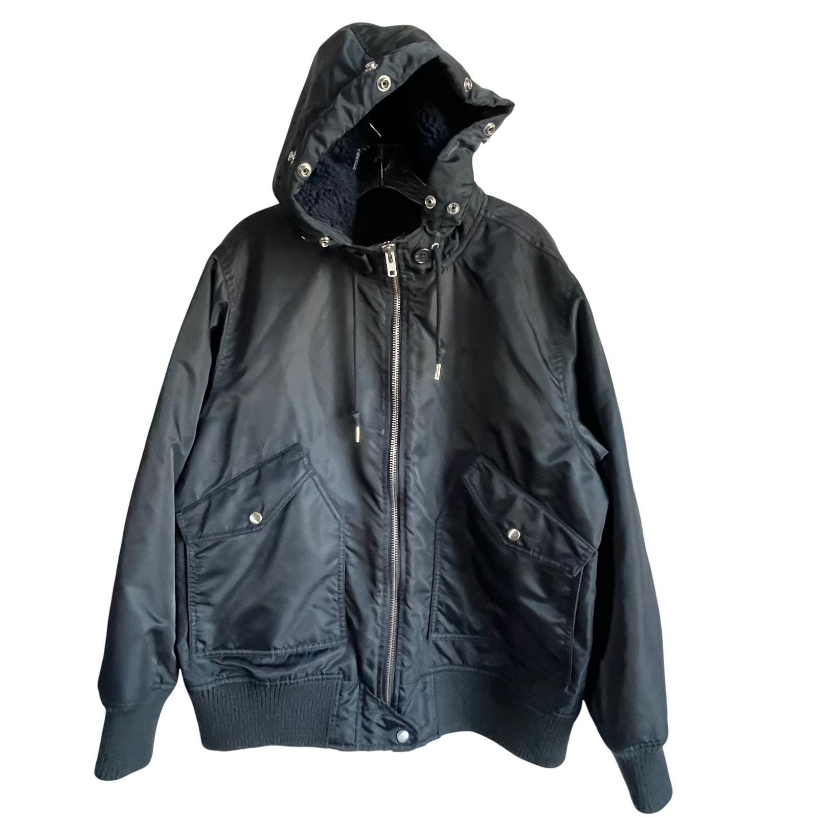 J.Crew Women's Hooded Jacket L Navy Nylon Sherpa Lined Bomber Winter Classic
